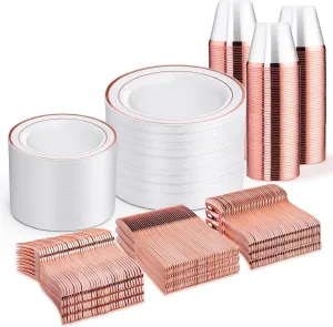 WELLIFE 600 PCS Rose Gold Disposable Dinnerware Set for 100 Guests, Valentine's Day Plate, 100 Each-Dinner & Salad Plates, Cups, Forks Knives Spoons for Wedding Reception and Mothers Day Plates