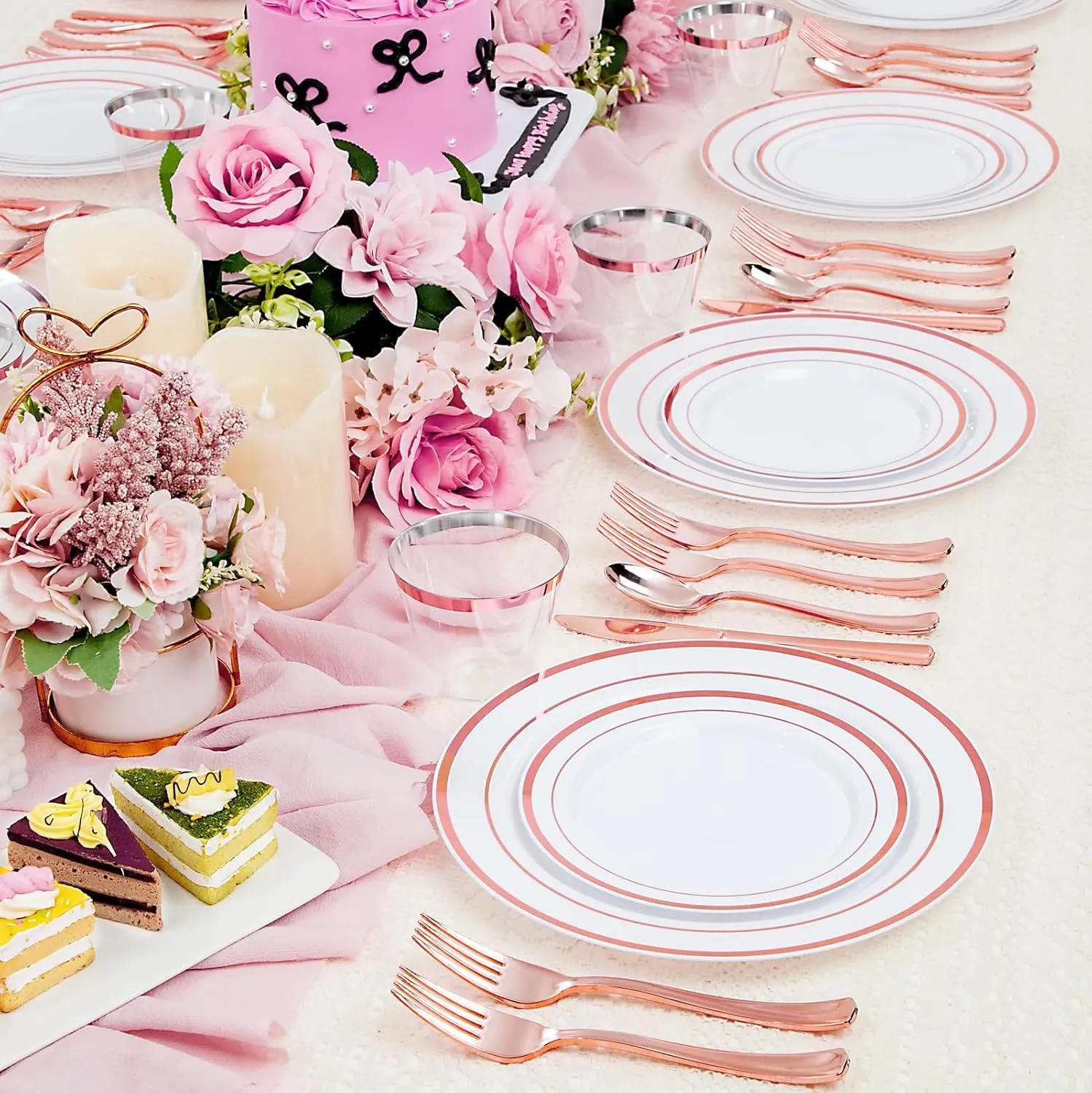 WELLIFE 600 PCS Rose Gold Disposable Dinnerware Set for 100 Guests, Valentine's Day Plate, 100 Each-Dinner & Salad Plates, Cups, Forks Knives Spoons for Wedding Reception and Mothers Day Plates