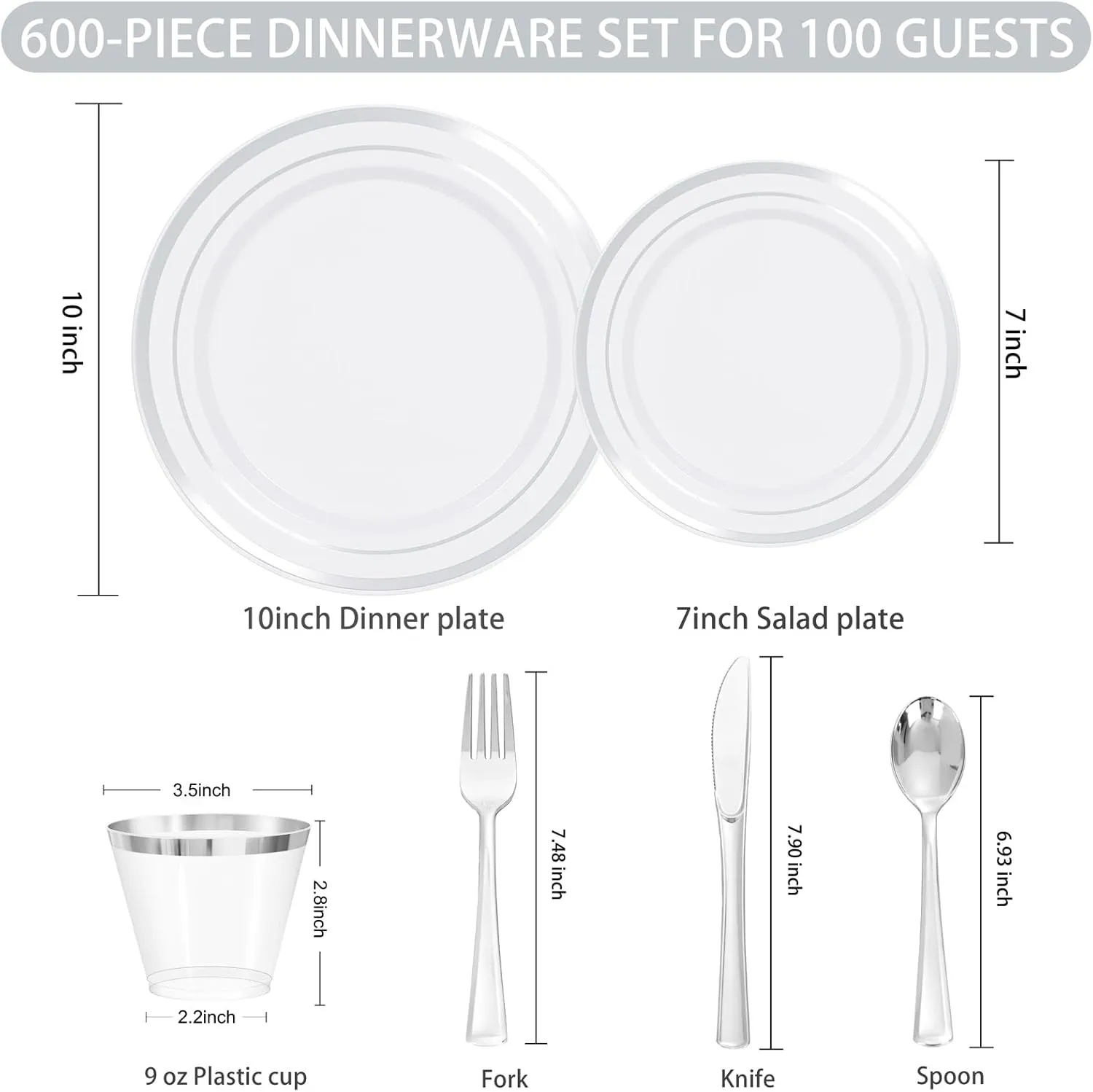 WELLIFE 600 PCS Silver Disposable Dinnerware Set for 100 Guests, Silver Plastic Plates for Party, 100 Each-Dinner & Salad Plates, Cups, Forks Knives Spoons for Wedding and Easter Events