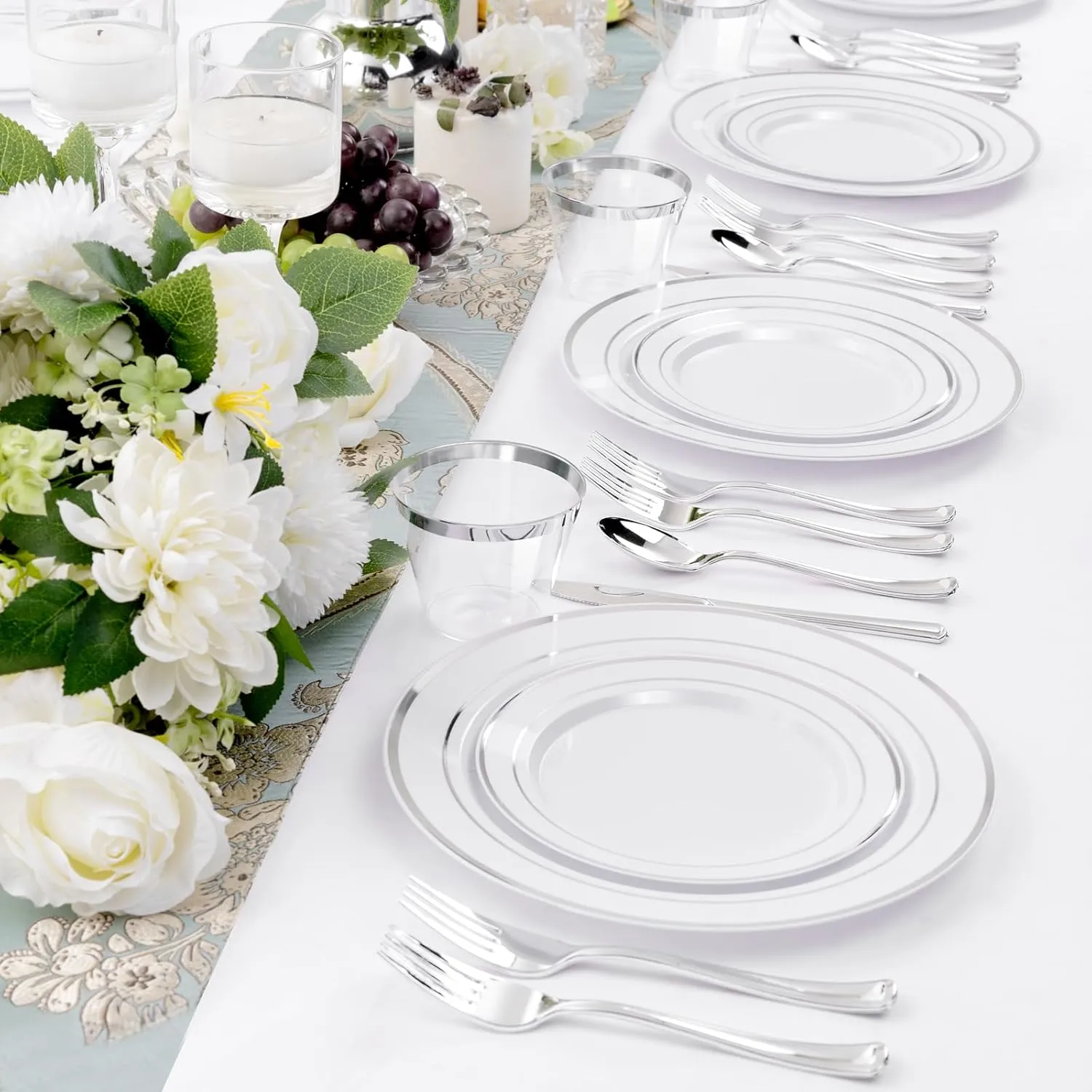 WELLIFE 600 PCS Silver Disposable Dinnerware Set for 100 Guests, Silver Plastic Plates for Party, 100 Each-Dinner & Salad Plates, Cups, Forks Knives Spoons for Wedding and Easter Events