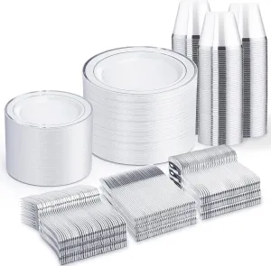 WELLIFE 600 PCS Silver Disposable Dinnerware Set for 100 Guests, Silver Plastic Plates for Party, 100 Each-Dinner & Salad Plates, Cups, Forks Knives Spoons for Wedding and Easter Events