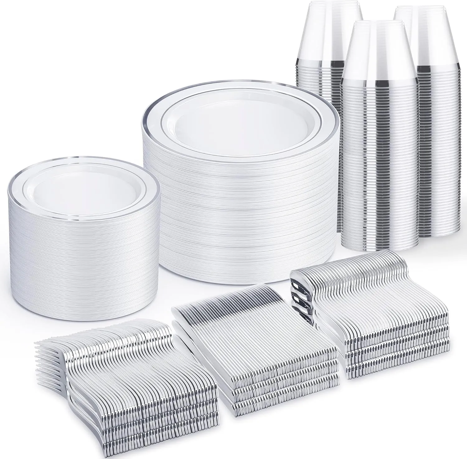 WELLIFE 600 PCS Silver Disposable Dinnerware Set for 100 Guests, Silver Plastic Plates for Party, 100 Each-Dinner & Salad Plates, Cups, Forks Knives Spoons for Wedding and Easter Events