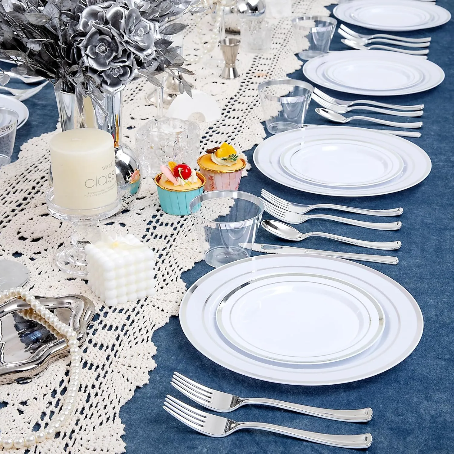 WELLIFE 600 PCS Silver Disposable Dinnerware Set for 100 Guests, Silver Plastic Plates for Party, 100 Each-Dinner & Salad Plates, Cups, Forks Knives Spoons for Wedding and Easter Events