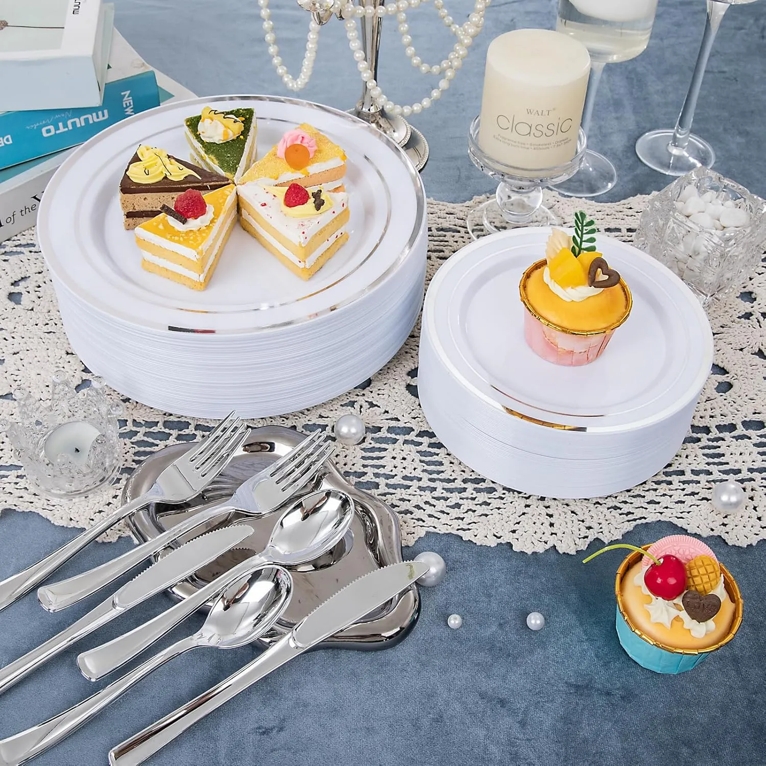 WELLIFE 600 PCS Silver Disposable Dinnerware Set for 100 Guests, Silver Plastic Plates for Party, 100 Each-Dinner & Salad Plates, Cups, Forks Knives Spoons for Wedding and Easter Events