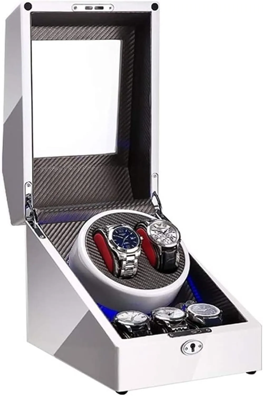 White Automatic Watch Winder Box for 2 Watch   3 Storage Built-in Led Light Piano Paint Finish Adapter and Battery Powered Accessories,