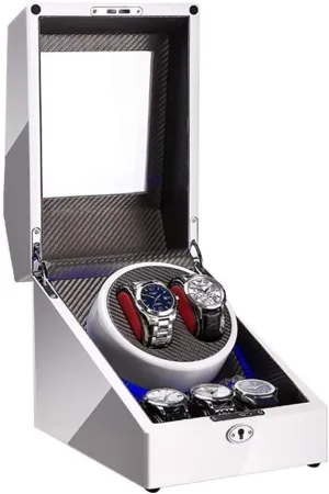 White Automatic Watch Winder Box for 2 Watch   3 Storage Built-in Led Light Piano Paint Finish Adapter and Battery Powered Exquisite Watch Winder Display Watch Box