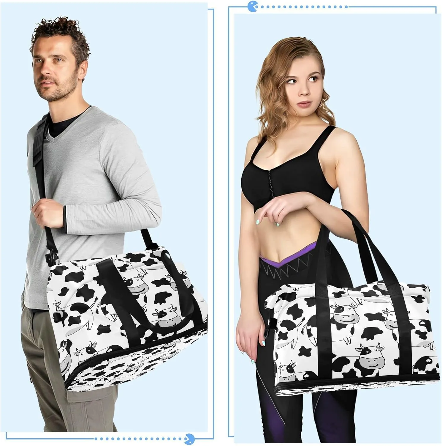 White Black Cow Skin Foldable Travel Bag, Camping Luggage bag, Portable Gym Bag, Sports Bag, Toiletry Bag with Handles Adjustable Shoulder Strap