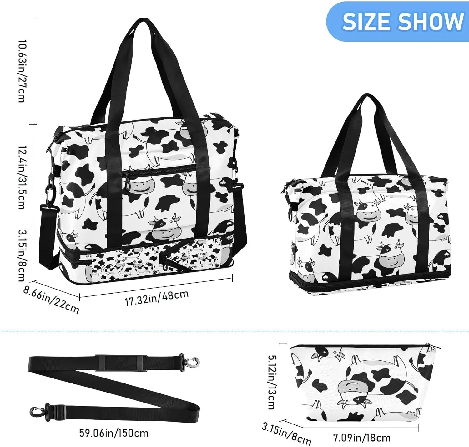 White Black Cow Skin Foldable Travel Bag, Camping Luggage bag, Portable Gym Bag, Sports Bag, Toiletry Bag with Handles Adjustable Shoulder Strap