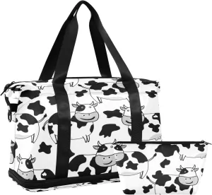 White Black Cow Skin Foldable Travel Bag, Camping Luggage bag, Portable Gym Bag, Sports Bag, Toiletry Bag with Handles Adjustable Shoulder Strap