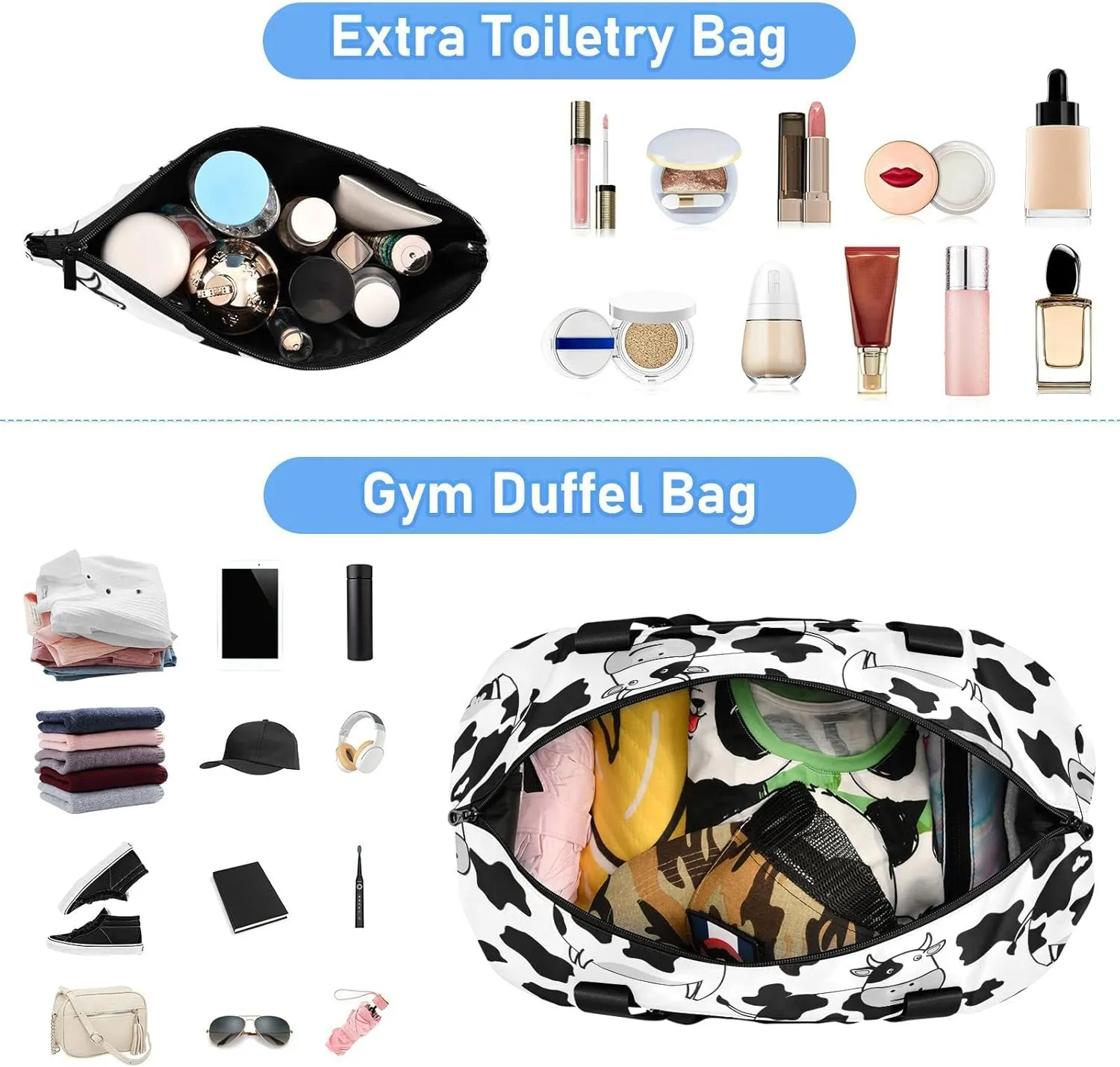 White Black Cow Skin Foldable Travel Bag, Camping Luggage bag, Portable Gym Bag, Sports Bag, Toiletry Bag with Handles Adjustable Shoulder Strap