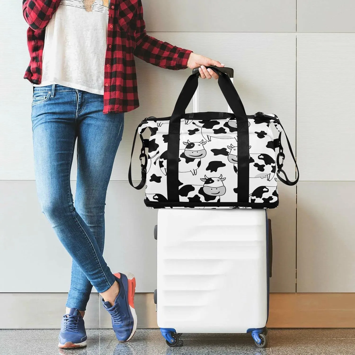 White Black Cow Skin Foldable Travel Bag, Camping Luggage bag, Portable Gym Bag, Sports Bag, Toiletry Bag with Handles Adjustable Shoulder Strap