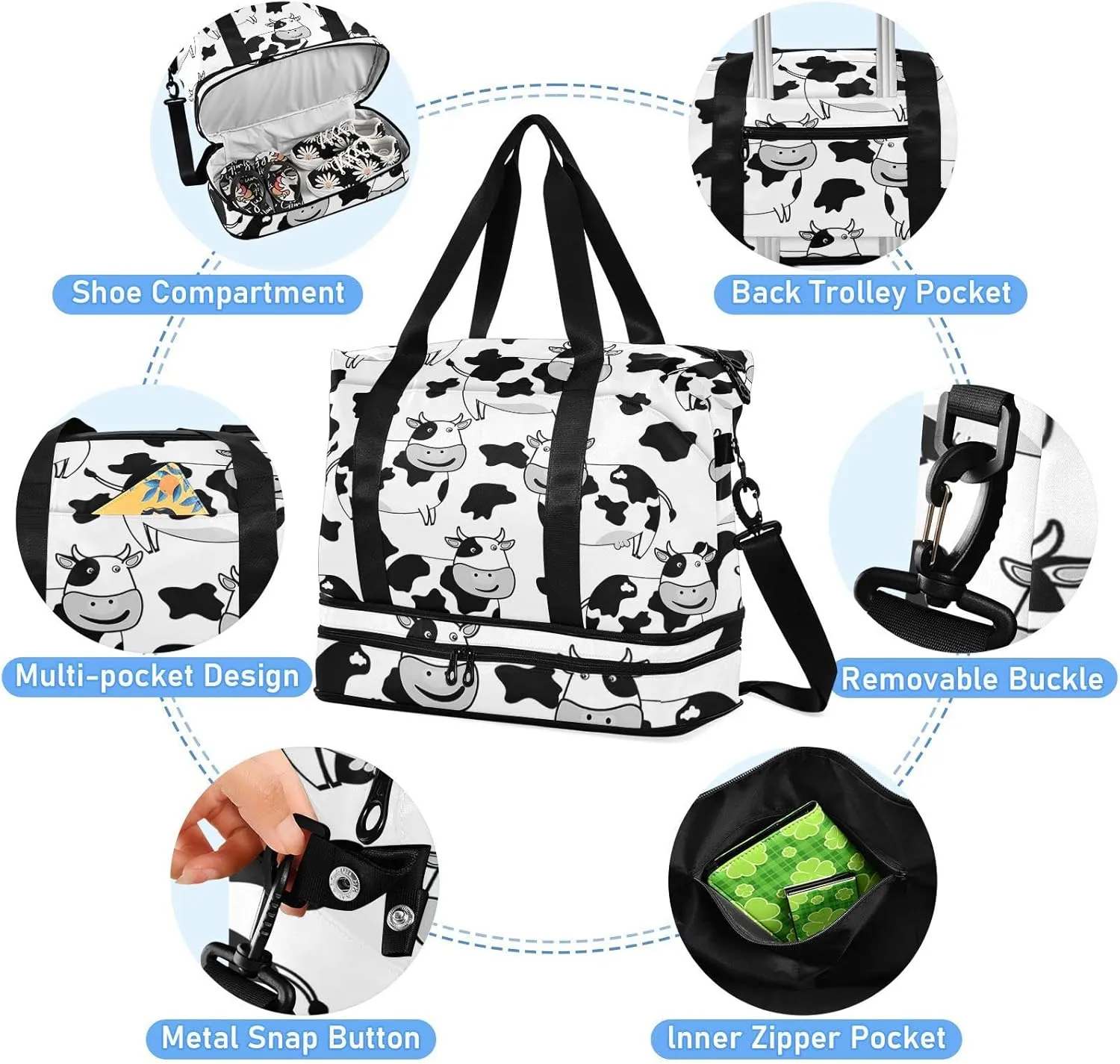 White Black Cow Skin Foldable Travel Bag, Camping Luggage bag, Portable Gym Bag, Sports Bag, Toiletry Bag with Handles Adjustable Shoulder Strap