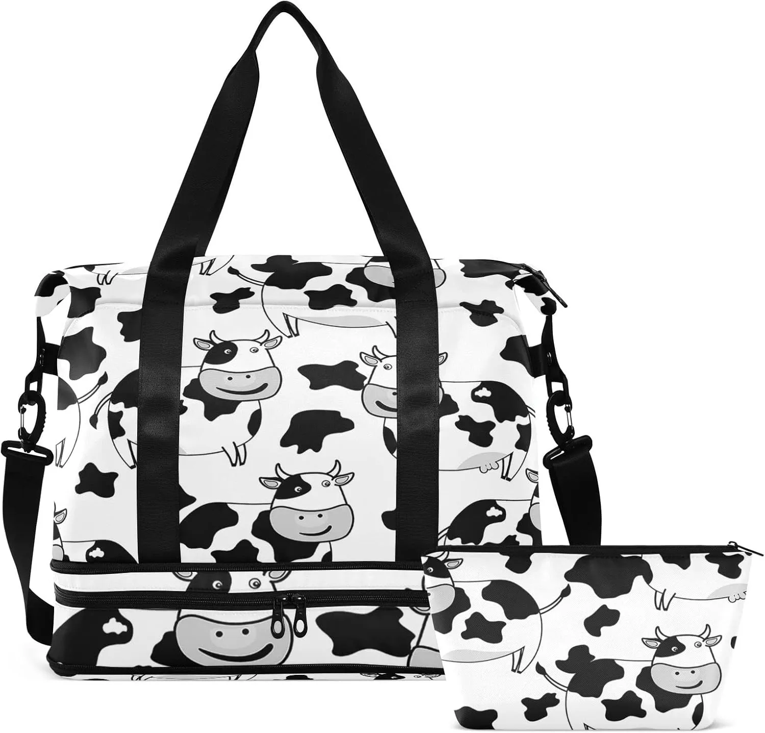 White Black Cow Skin Foldable Travel Bag, Camping Luggage bag, Portable Gym Bag, Sports Bag, Toiletry Bag with Handles Adjustable Shoulder Strap