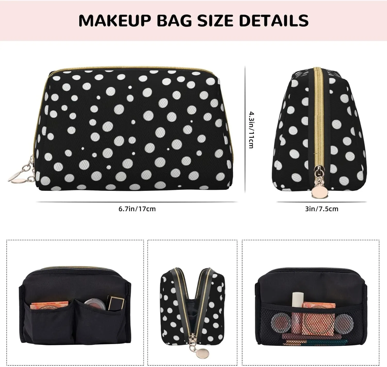 White Dot Pattern Toiletry Pouch, Travel-Friendly Makeup Organizer For Makeup Brushes, Lipsticks