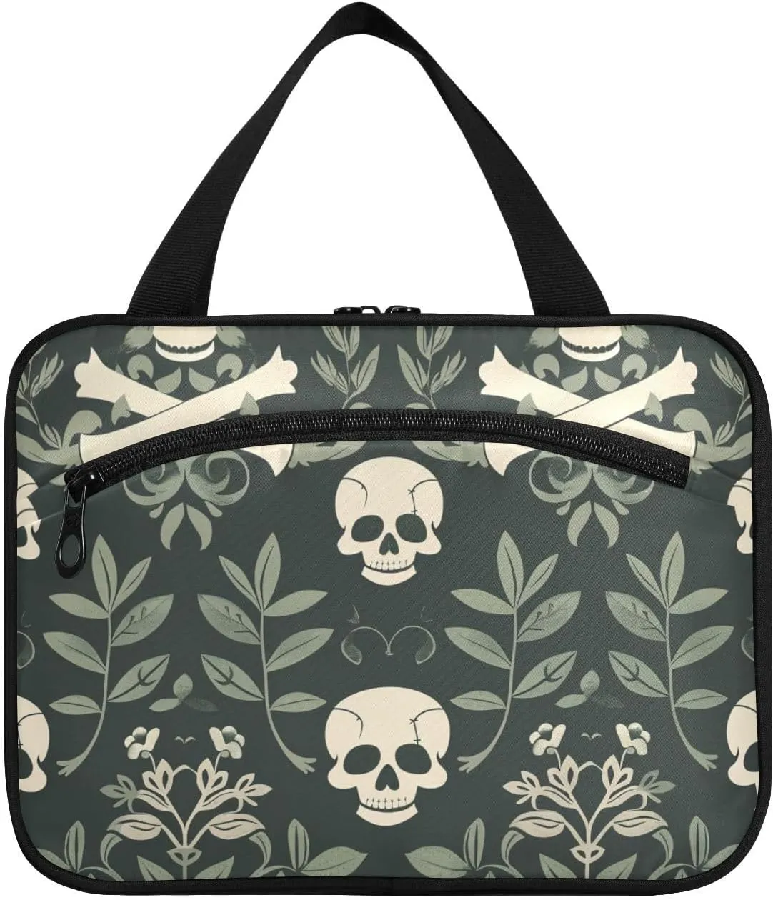 William Morris Style Pirates Dark Green hanging travel bag for toiletries with hook, designer fashion for travel essentials bolso para maquillaje de mujer L