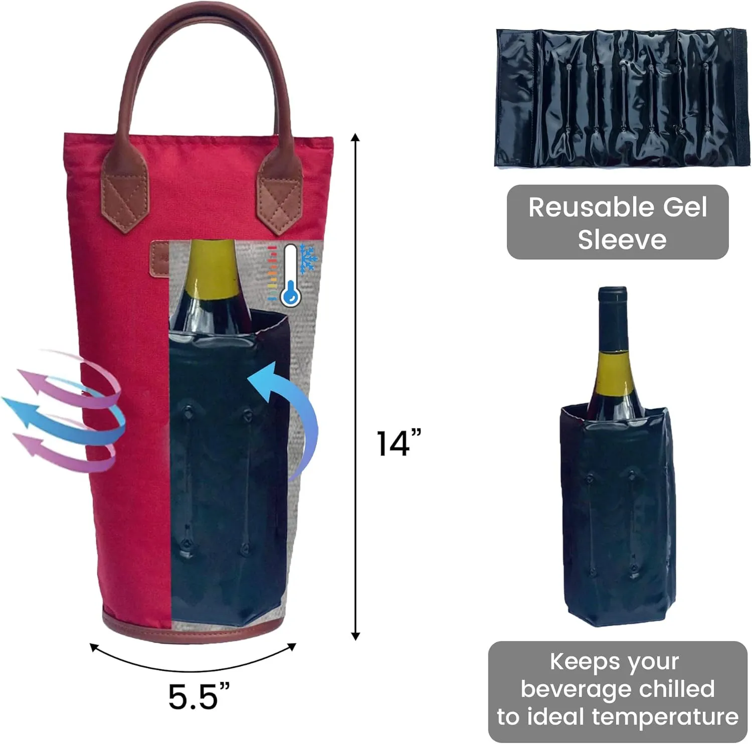 Wine Carrier - Wine Tote - Wine Cooler Bag - Gel Wine Cooler Sleeve - Insulated Wine Tote Bag - Wine Bag with Wine Chiller Sleeve - Portable Wine Bottle Carrier for Travel