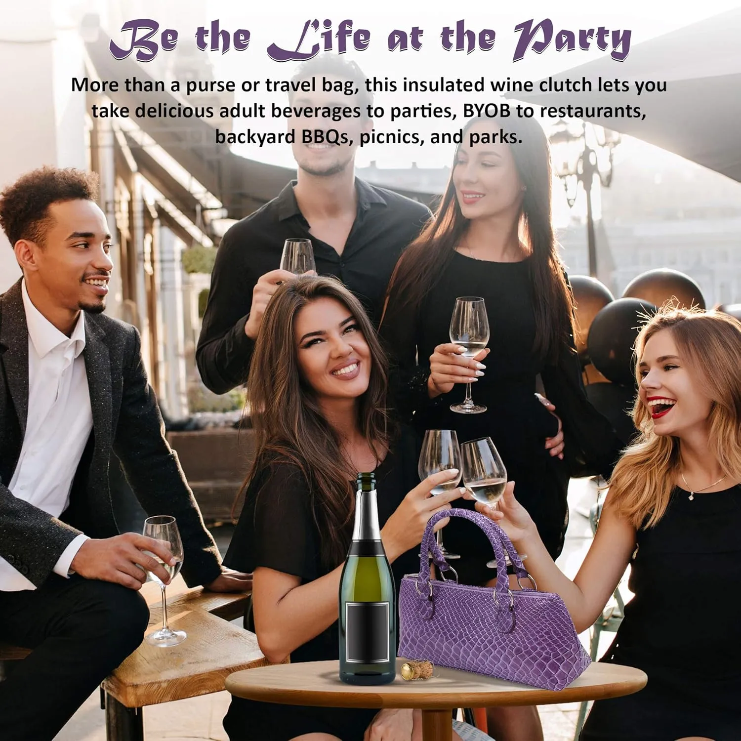 Wine Clutch Bag (Thermal Insulated) Trendy Women’s Carry Tote | Holds Red & White 750mL Bottles | Trendy Fashion | Incl. Portable Waiter-Style Corkscrew (Purple Burmese)