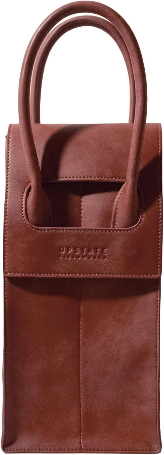 Wine Tote Carrier Bag | 2 Bottle - Vegan Leather, Soft Suede Interior Pouch with Divider - Great for Travel, BYOB, Wine Tastings, Parties, Gifts, Hygge (Brown)
