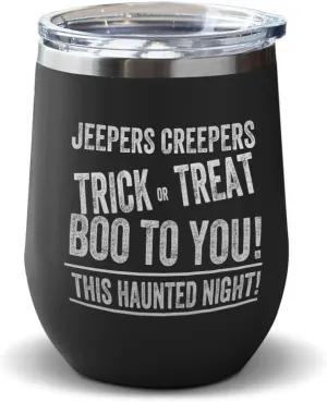 Wine Tumbler with Lid 12 Ounces Jepers Creepers Engraved Stainless Steel Wine Cup Black