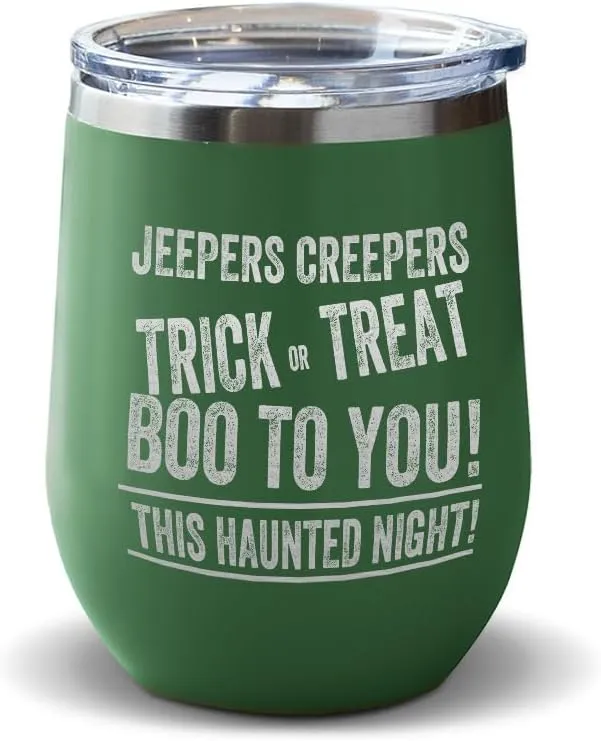 Wine Tumbler with Lid 12 Ounces Jepers Creepers Engraved Stainless Steel Wine Cup Forest Green