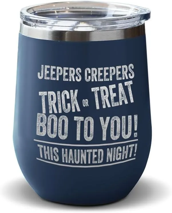Wine Tumbler with Lid 12 Ounces Jepers Creepers Engraved Stainless Steel Wine Cup Navy