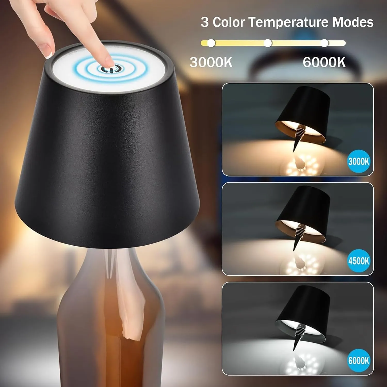 Wireless Bottle Lamp, Portable LED Wireless Bottle Lamp with 3 Modes Light Dimming, Rechargeable Wine Bottle Light Head, Touch Table Lamp for Bedroom, Birthday Christmas Gifts (Champagne)