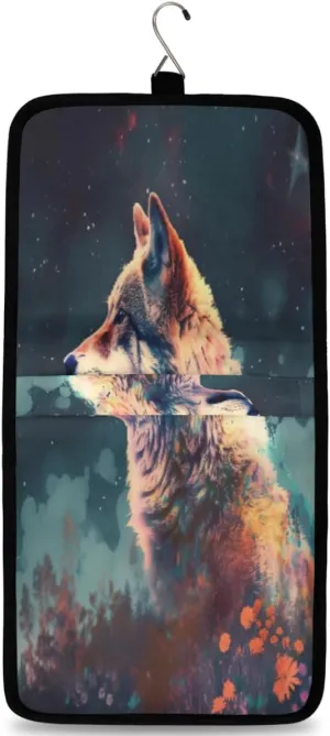 Wolf Flower Meteor Travel Toiletry Bag with Hanging Hook Size Toiletries Storage Make Up Bag Organizer Pouch Waterproof Portable Cosmetic Bag with Divider and Handle for Women Girls