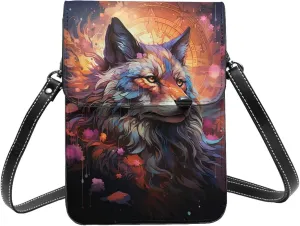 Wolf Trippy Moon Phase Animal Cool Leather Small Crossbody Bags for Women Cell Phone Bag Wallet Purses with Adjustable Strap