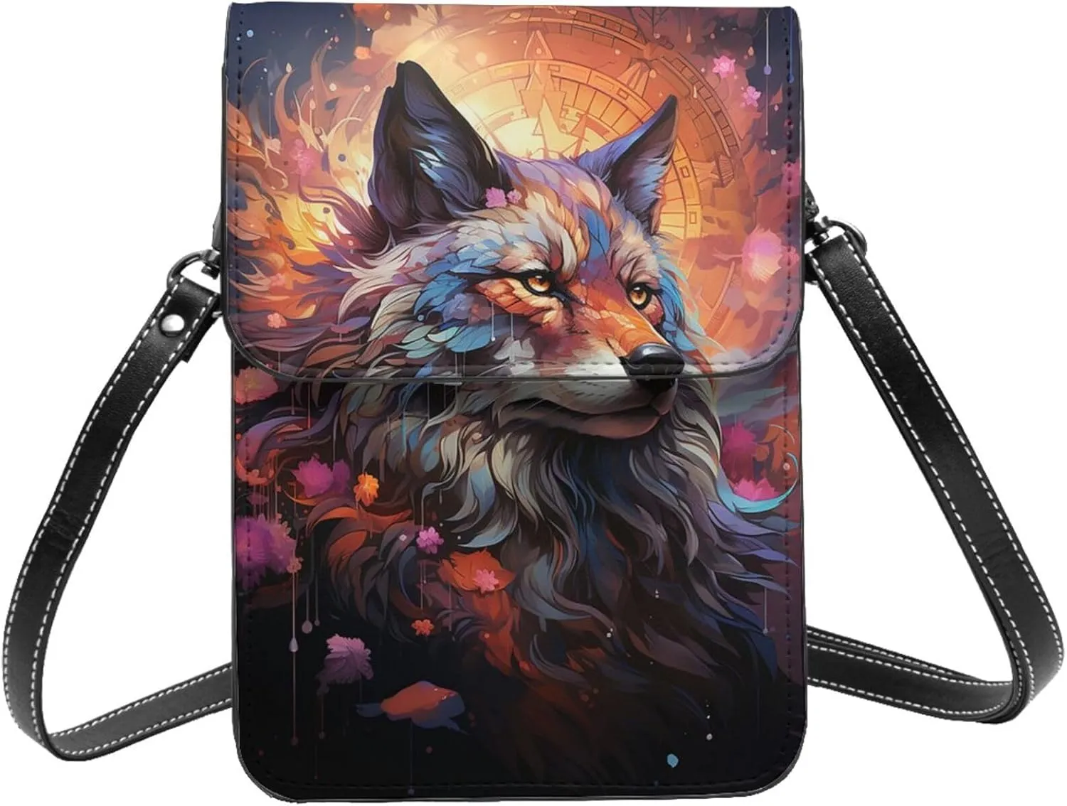 Wolf Trippy Moon Phase Animal Cool Leather Small Crossbody Bags for Women Cell Phone Bag Wallet Purses with Adjustable Strap
