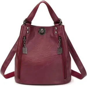 Women Classic Retro Backpack Shoulder Bags Faux Leather Fashion Daypack-Wine