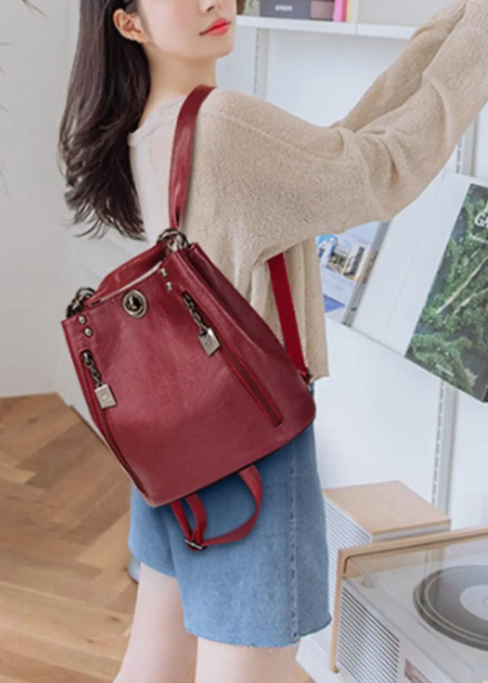 Women Classic Retro Backpack Shoulder Bags Faux Leather Fashion Daypack-Wine