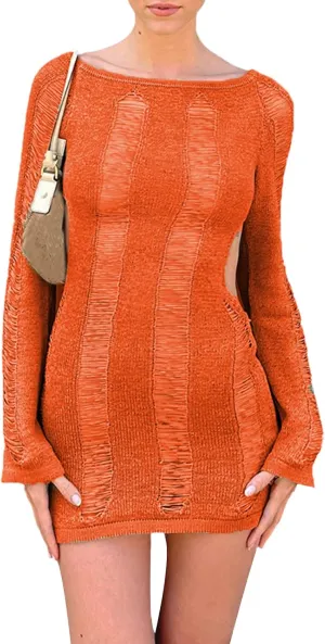 Women Crochet Knitted Dress Hollow Out Backless Long Sleeve Mini Casual Sweater Dress Y2K Beach Cover Ups Streetwear