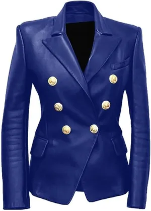 Women Double Breasted Fancy Buttons Blazer Real Sheepskin Leather - Kim Kardashian Coat Style Leather Jacket Collection