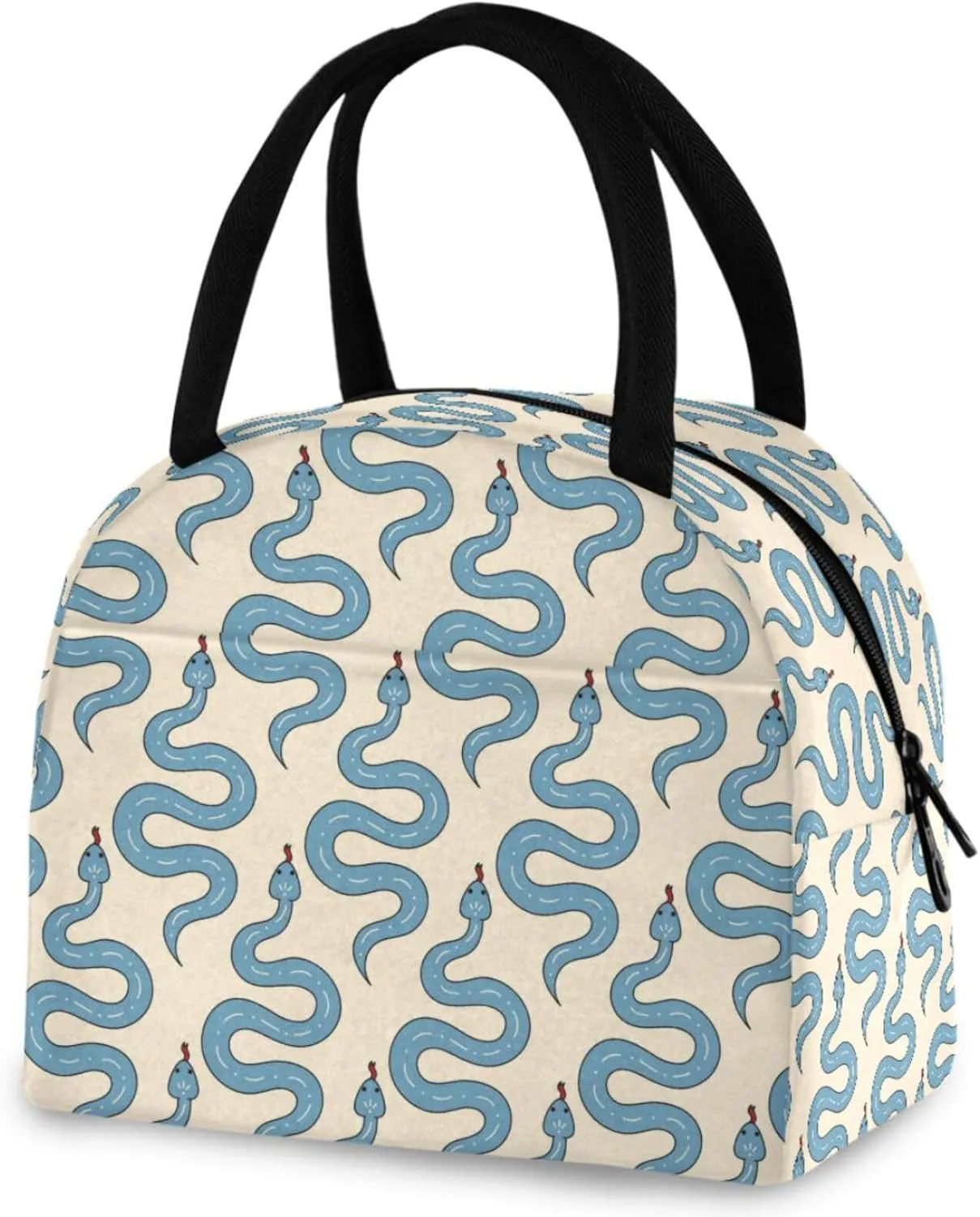 Women Girls Insulated Lunch Tote Bag, Cute Blue Poisonous Snakes Reusable Leakproof Cooler Box with 2 Pockets for Adult & Men School Work Picnic Travel Beach Fishing