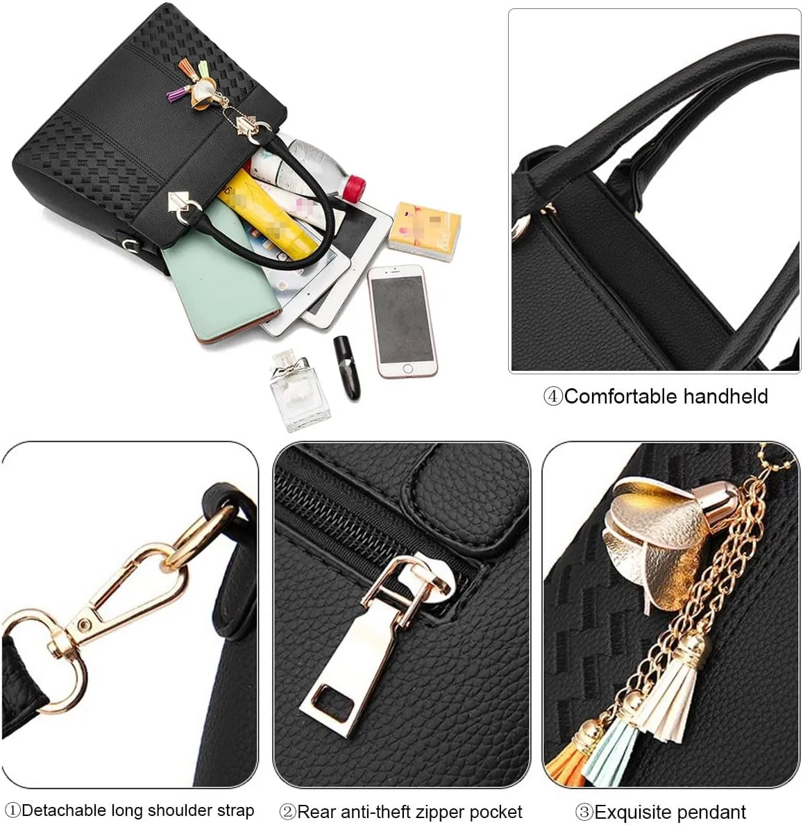 Women Leather Handbag and Purse Designer Shoulder Bag Flower Pendant Top-Handle Satchel Three Layer Pockets Tote