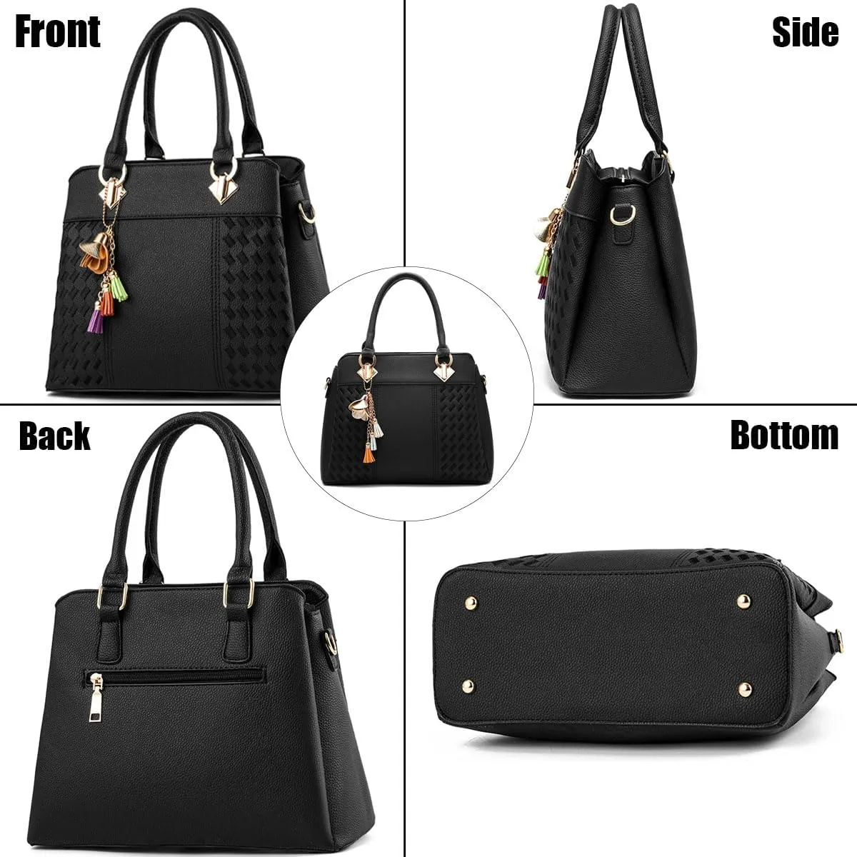 Women Leather Handbag and Purse Designer Shoulder Bag Flower Pendant Top-Handle Satchel Three Layer Pockets Tote