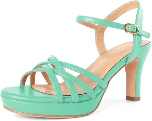 Women Platform Heel Sandals Strappy Heel Sandals Chunky Heel Sandals Open Toe Sandals Slingback Heel Sandals Comfort Dressy for Evening Party 3.5 Inch
