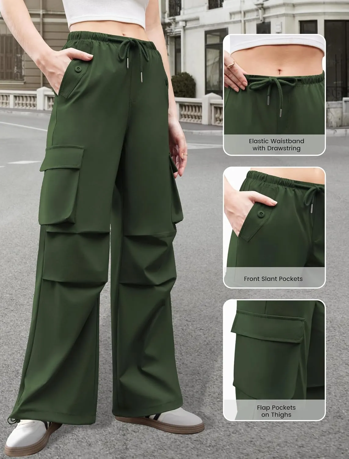 Womens Cargo Pants Elastic Waist Wide Leg Parachute Pants with 4 Pockets Baggy Hiking Trousers Travel Y2K Waterproof