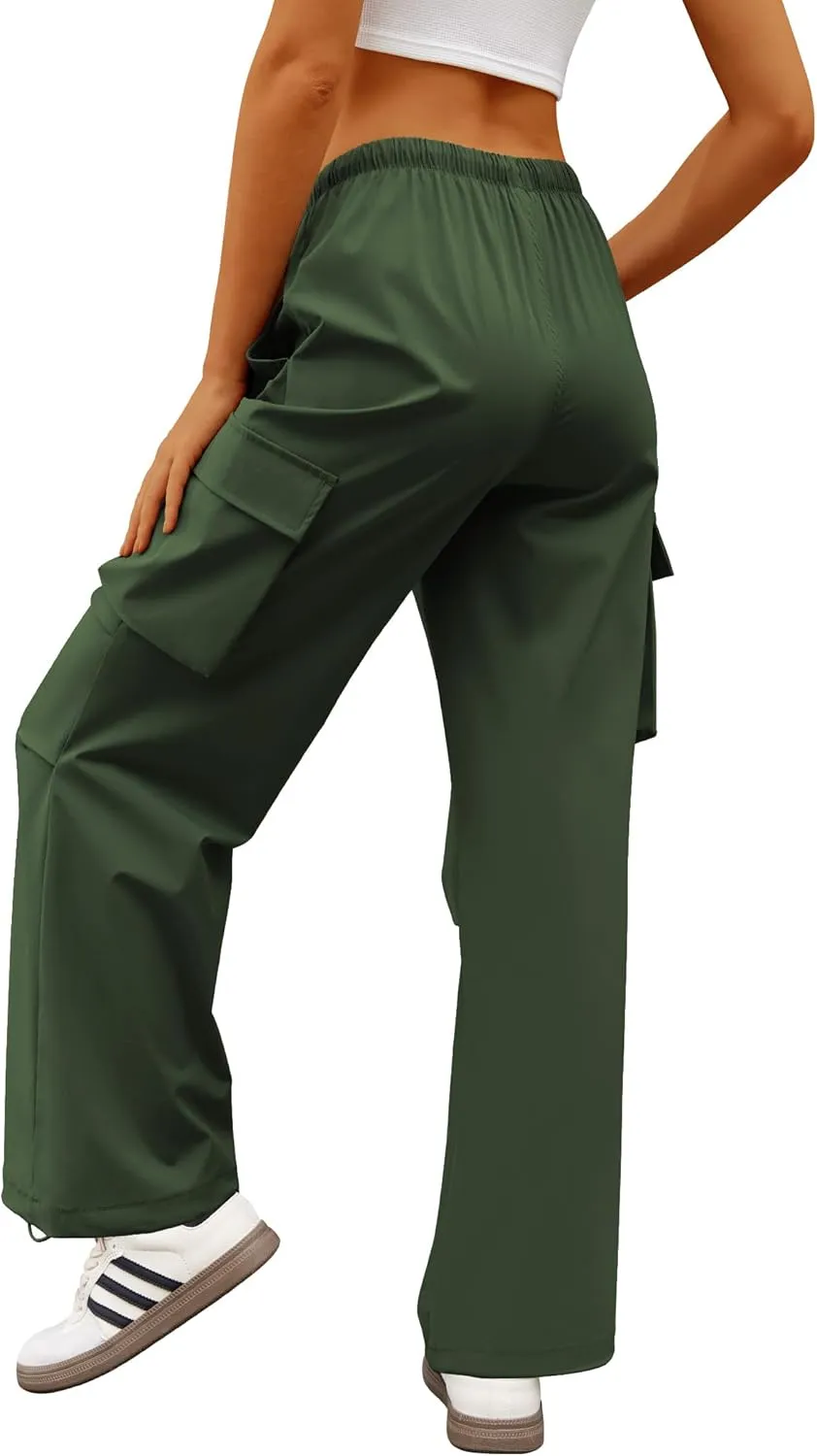 Womens Cargo Pants Elastic Waist Wide Leg Parachute Pants with 4 Pockets Baggy Hiking Trousers Travel Y2K Waterproof