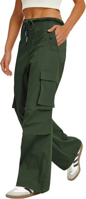 Womens Cargo Pants Elastic Waist Wide Leg Parachute Pants with 4 Pockets Baggy Hiking Trousers Travel Y2K Waterproof