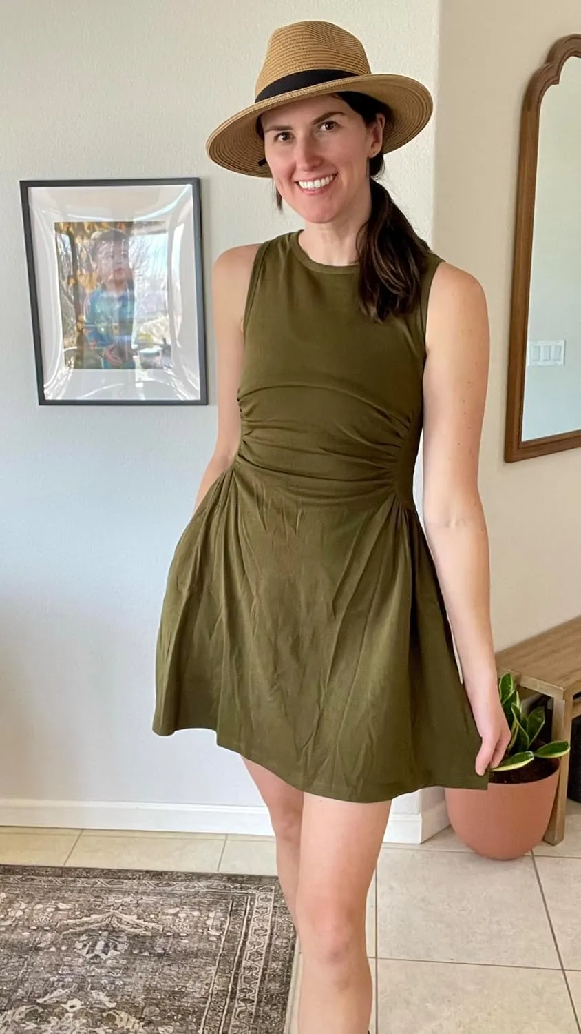 Women's Casual Dress Summer Sleeveless Ruched Waist Elegant Pleated Slim-Fit Mini Dresses with Pockets