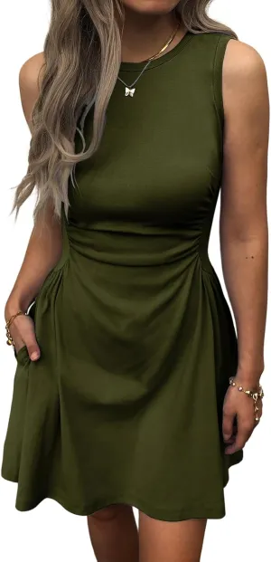 Women's Casual Dress Summer Sleeveless Ruched Waist Elegant Pleated Slim-Fit Mini Dresses with Pockets