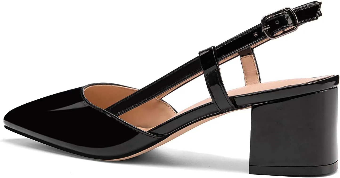 Women's Chunky Patent Leather Low Heel 1.5 Inch Ankle Strap Slingback Pointed Toe Pumps Business Work Dress Shoes