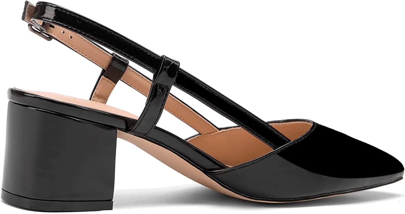 Women's Chunky Patent Leather Low Heel 1.5 Inch Ankle Strap Slingback Pointed Toe Pumps Business Work Dress Shoes