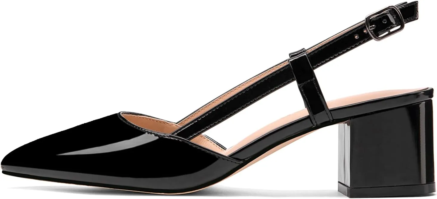 Women's Chunky Patent Leather Low Heel 1.5 Inch Ankle Strap Slingback Pointed Toe Pumps Business Work Dress Shoes