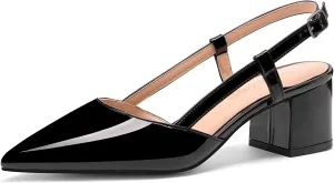 Women's Chunky Patent Leather Low Heel 1.5 Inch Ankle Strap Slingback Pointed Toe Pumps Business Work Dress Shoes
