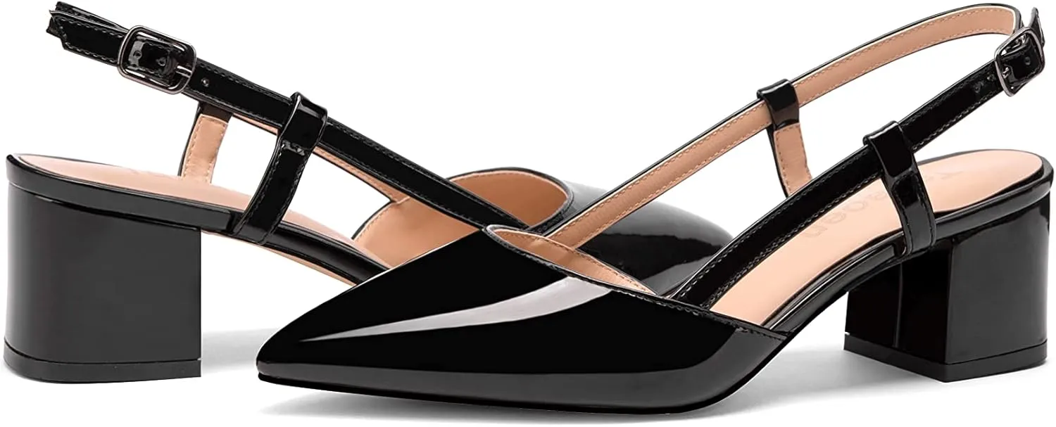 Women's Chunky Patent Leather Low Heel 1.5 Inch Ankle Strap Slingback Pointed Toe Pumps Business Work Dress Shoes