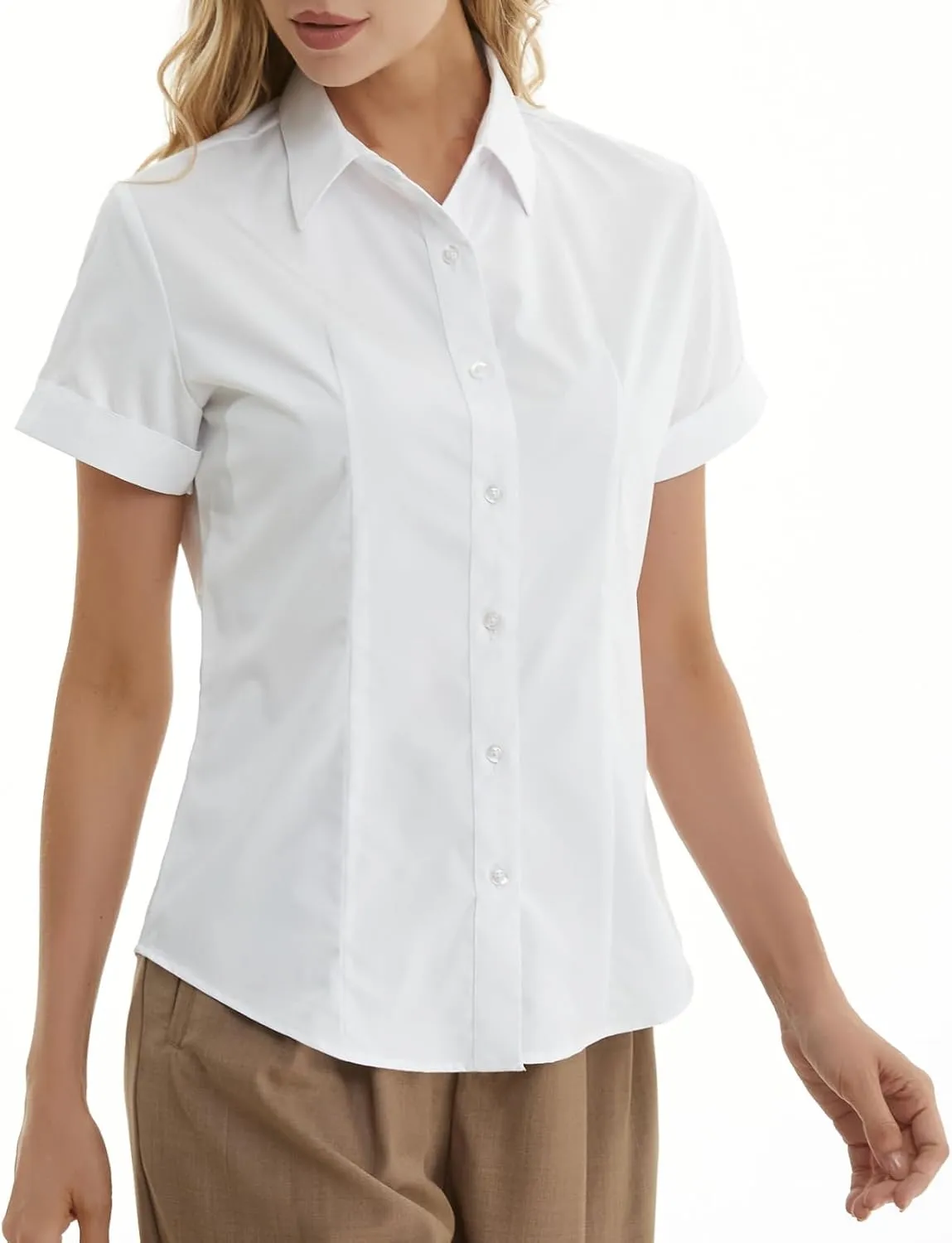 Womens Classic Fit Dress Shirt, White Button Down Shirt for Women, Wrinkle Free Collared Blouse, Dressy Casual Work Tops