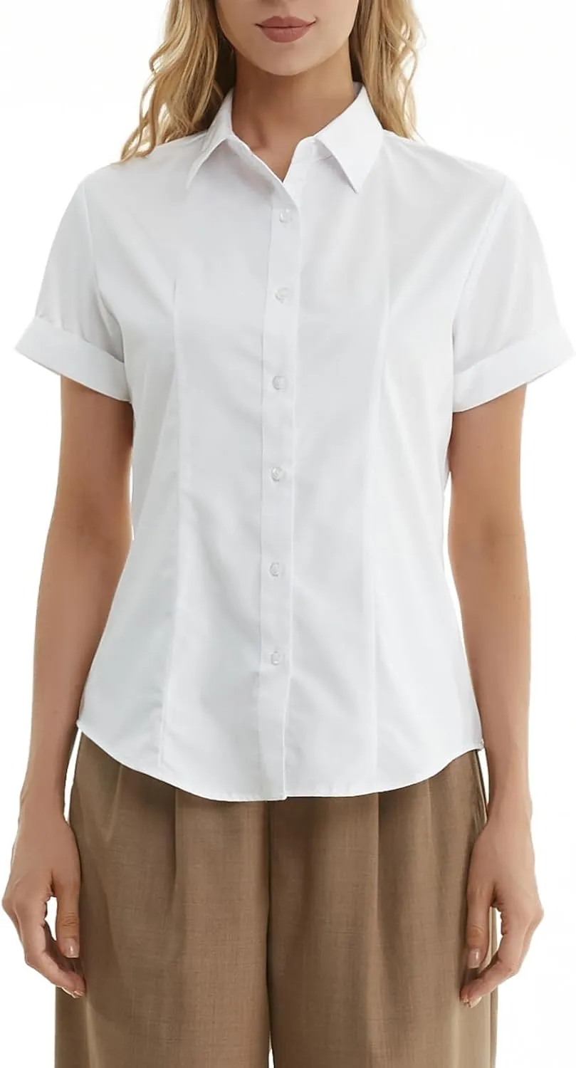 Womens Classic Fit Dress Shirt, White Button Down Shirt for Women, Wrinkle Free Collared Blouse, Dressy Casual Work Tops