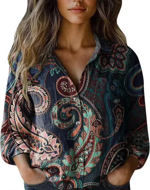 Women's Cotton Linen V-Neck Collar Women's Retro Floral Art Print Casual Long Sleeve Long Sleeve Cotton Gauze Tops